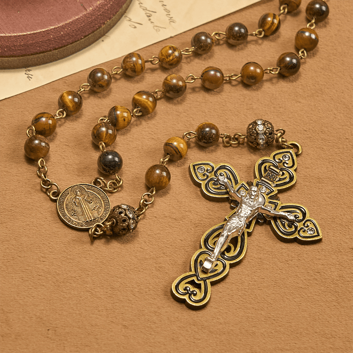 Christianartworkshop Perles en œil de tigre naturel et médaille de saint Benoît en bronze avec chapelet crucifix - image 4