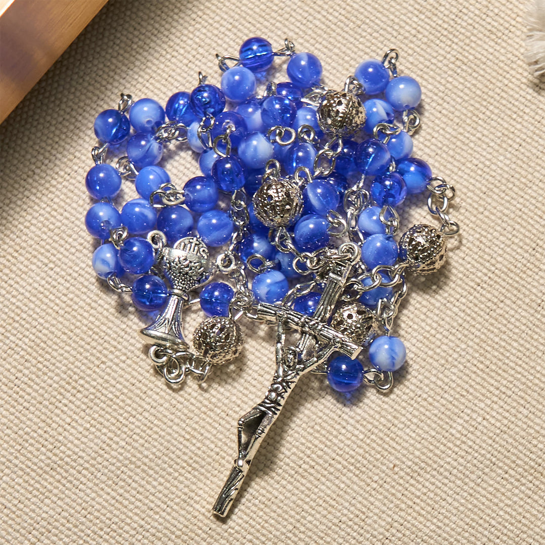 Christianartworkshop Chapelet élégant de 6 mm à perles rondes bleues dégradées, orné du Saint Graal et d'un crucifix - image 6