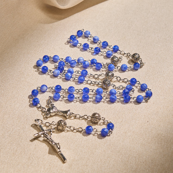 Christianartworkshop Chapelet élégant de 6 mm à perles rondes bleues dégradées, orné du Saint Graal et d'un crucifix - Saint Graal et crucifix - image 0