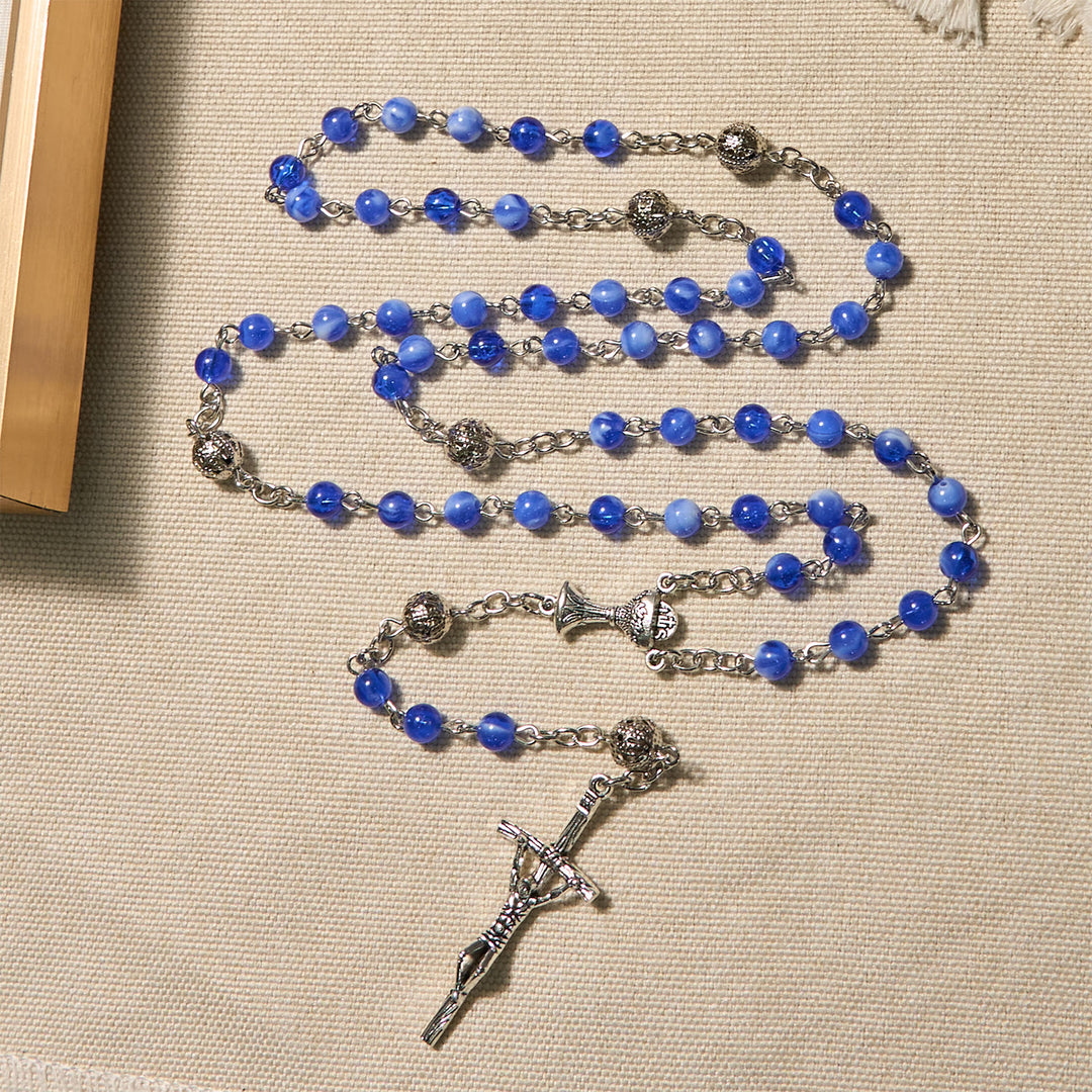 Christianartworkshop Chapelet élégant de 6 mm à perles rondes bleues dégradées, orné du Saint Graal et d'un crucifix - image 2