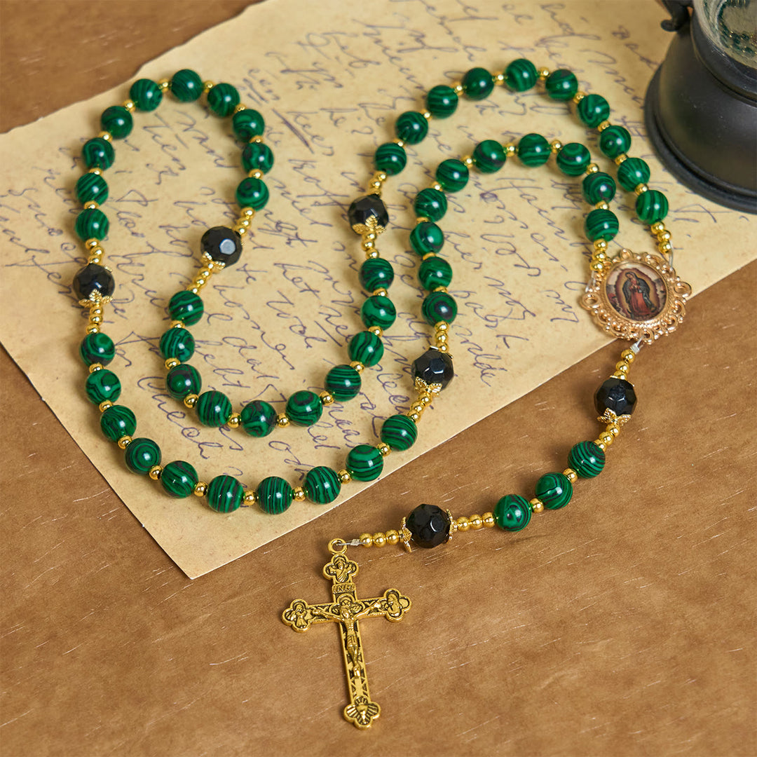 Christianartworkshop Chapelet en malachite verte lisse avec crucifix et médaille miraculeuse - image 1
