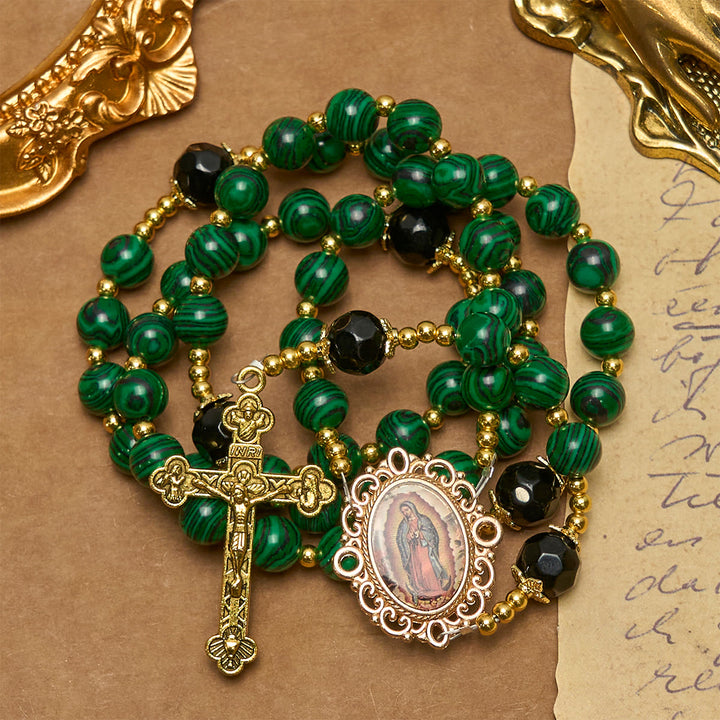 Christianartworkshop Chapelet en malachite verte lisse avec crucifix et médaille miraculeuse - Médaille miraculeuse et crucifix - image 0