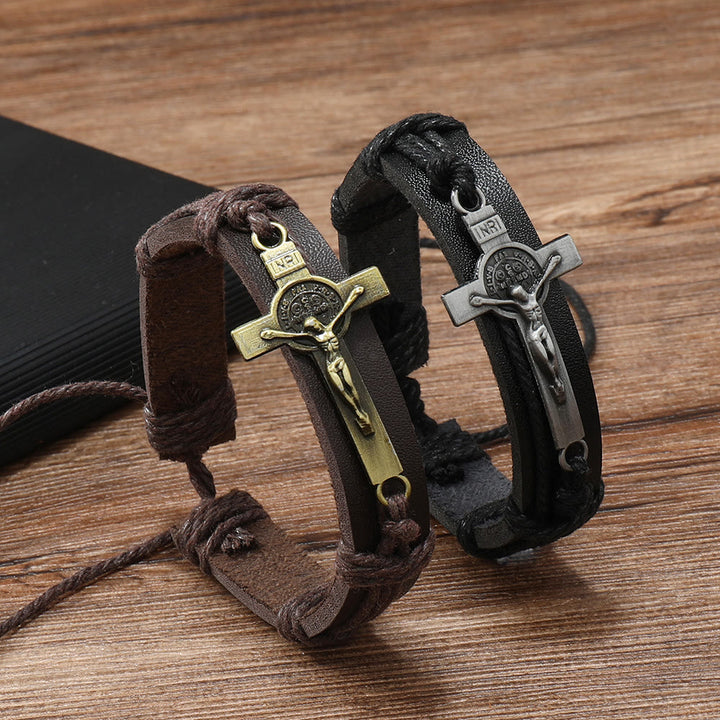 Bracelet ajustable en cuir marron ou noir style classique avec crucifix, signé Christianartworkshop - image 3