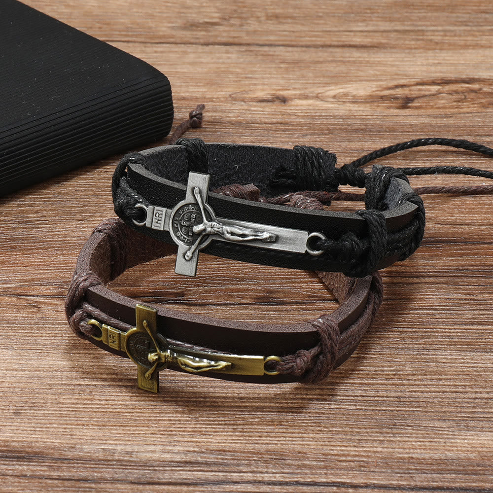 Bracelet ajustable en cuir marron ou noir style classique avec crucifix, signé Christianartworkshop - image 5