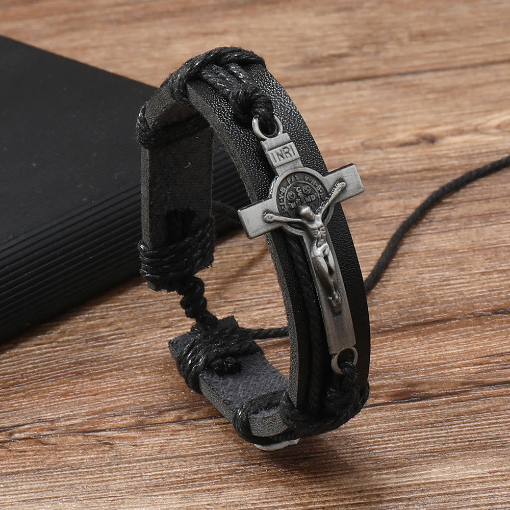 Bracelet ajustable en cuir marron ou noir style classique avec crucifix, signé Christianartworkshop - Noir - image 1