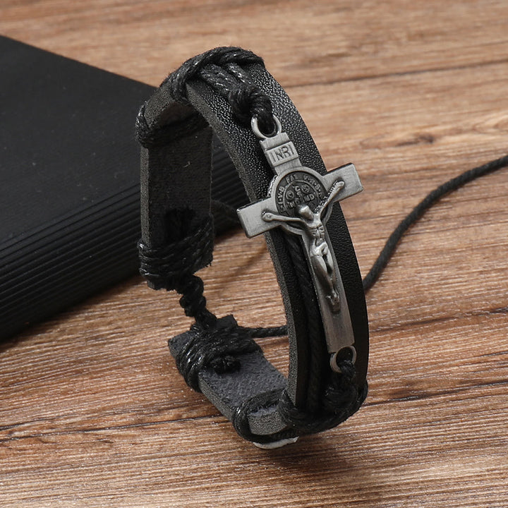 Bracelet ajustable en cuir marron ou noir style classique avec crucifix, signé Christianartworkshop - Noir - image 1