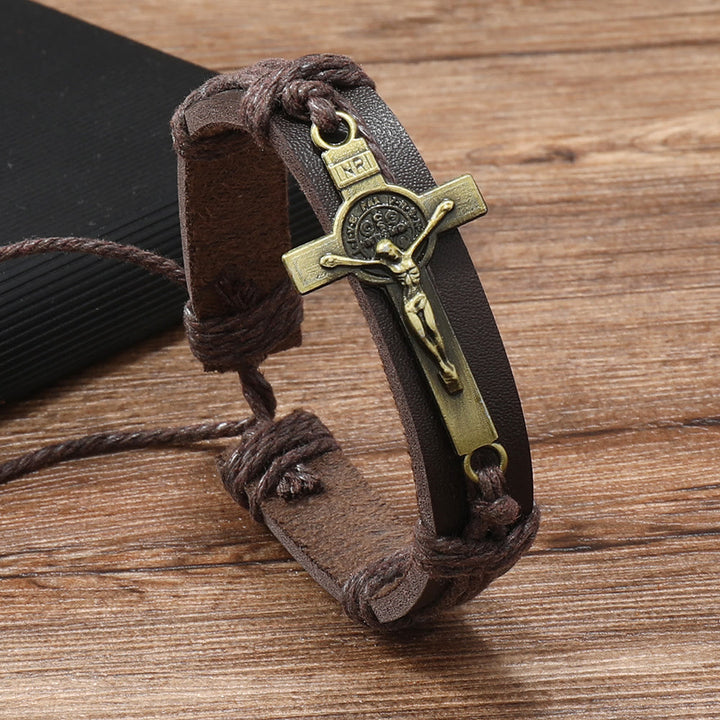 Bracelet ajustable en cuir marron ou noir style classique avec crucifix, signé Christianartworkshop - Brun - image 0