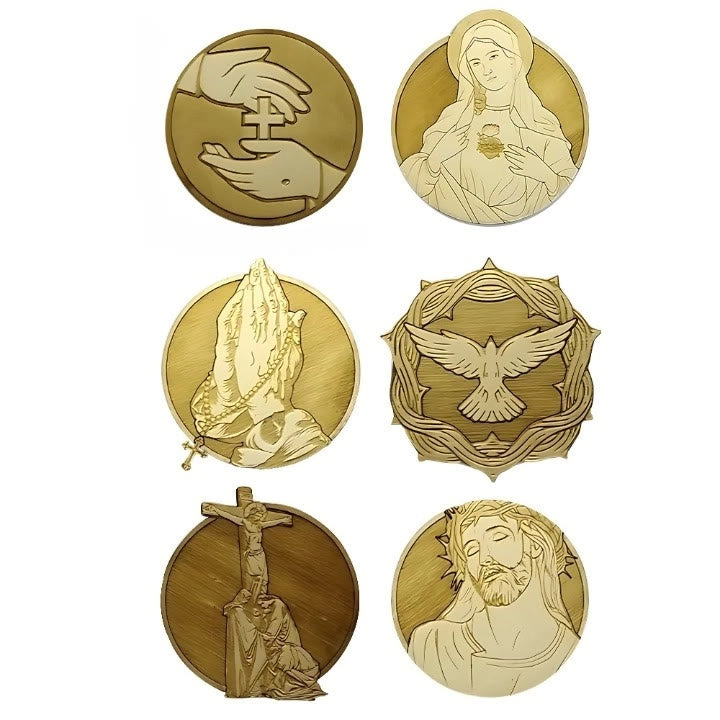 Christianartworkshop Ensemble de 6 sous-verres en bois, inspirés par la foi et représentant la Vierge Marie et le Christ. - image 1