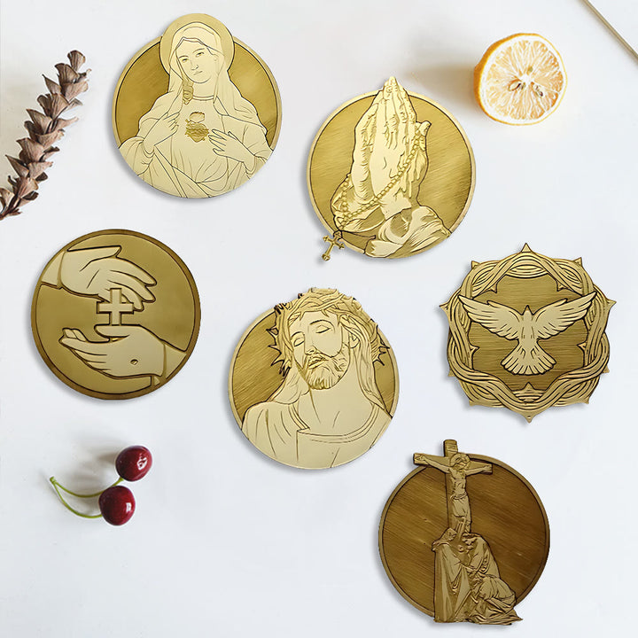 Christianartworkshop Ensemble de 6 sous-verres en bois, inspirés par la foi et représentant la Vierge Marie et le Christ. - Lot de 6 - image 0