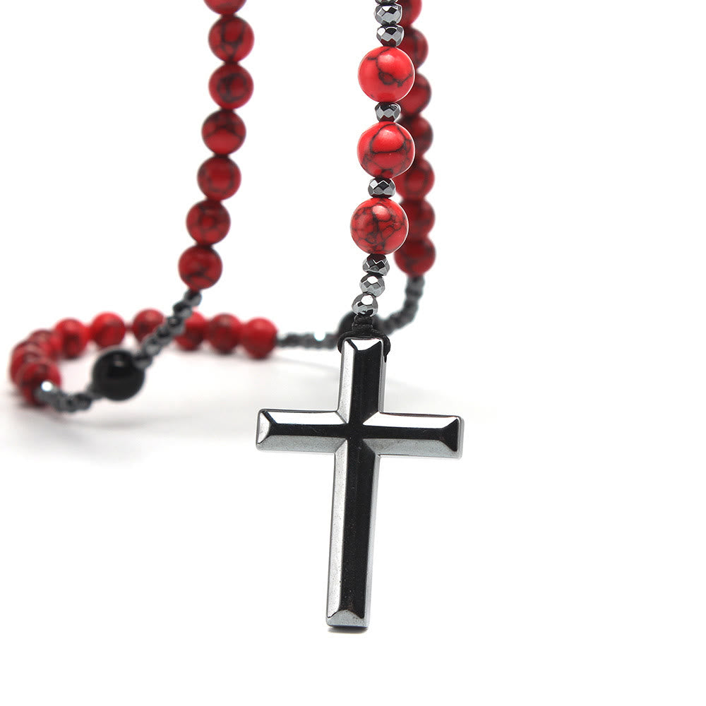 Christianartworkshop Chapelet en turquoise rouge naturelle et agate noire avec croix : pour la prière fidèle - image 3