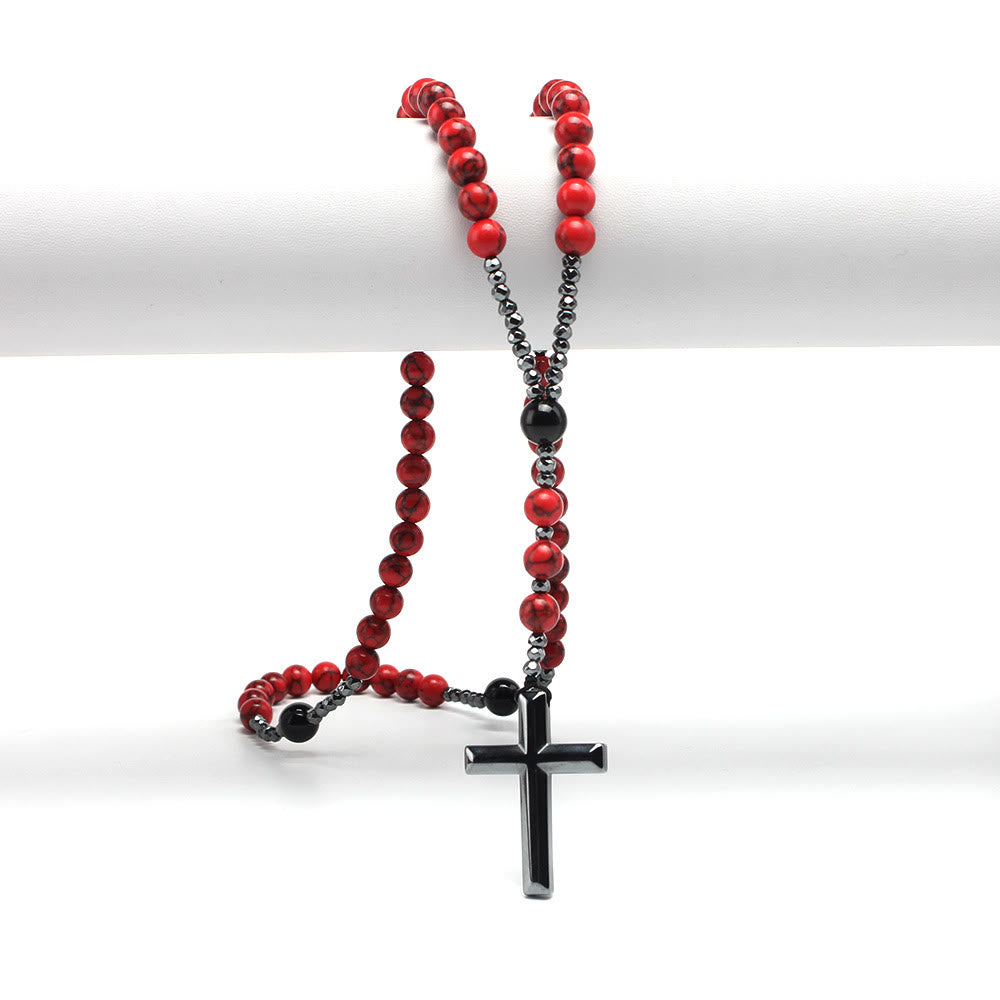 Christianartworkshop Chapelet en turquoise rouge naturelle et agate noire avec croix : pour la prière fidèle - image 2