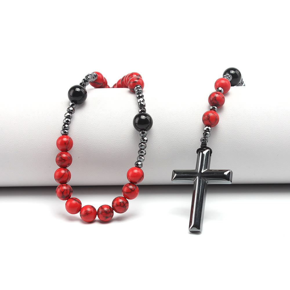 Christianartworkshop Chapelet en turquoise rouge naturelle et agate noire avec croix : pour la prière fidèle - image 1