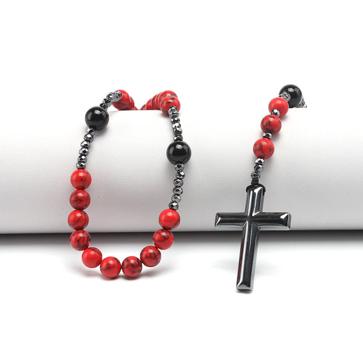 Christianartworkshop Chapelet en turquoise rouge naturelle et agate noire avec croix : pour la prière fidèle - image 1