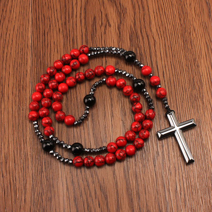 Christianartworkshop Chapelet en turquoise rouge naturelle et agate noire avec croix : pour la prière fidèle - Rouge - image 0