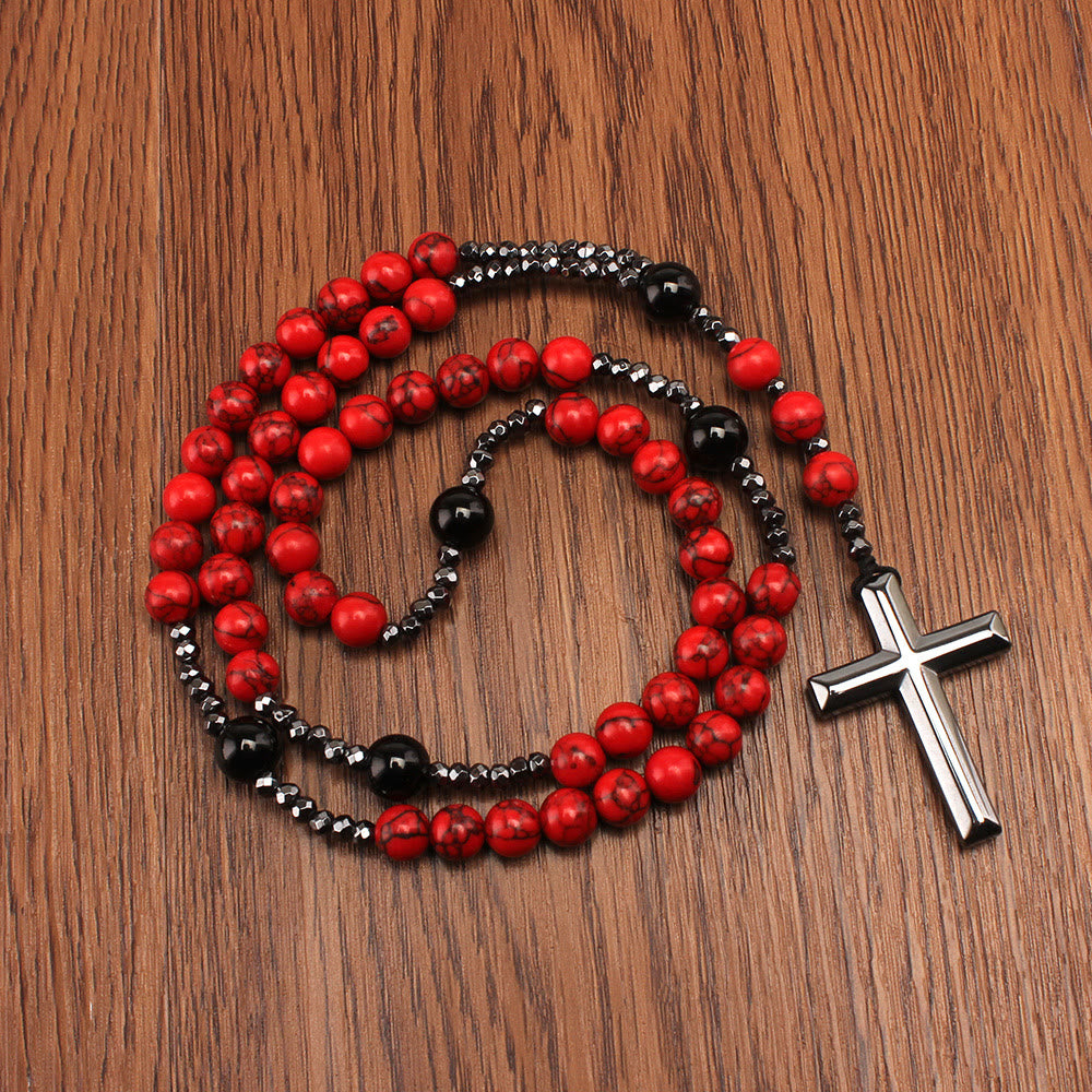 Chapelet en turquoise rouge naturelle et agate noire avec croix, Christianartworkshop : pour une prière fidèle - Rouge - image 0