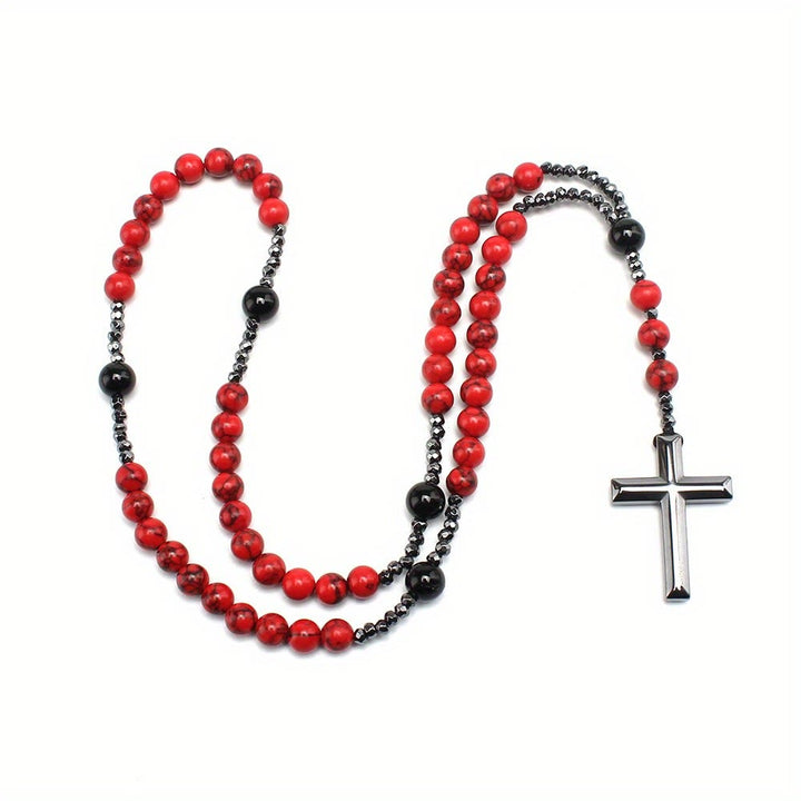 Christianartworkshop Chapelet en turquoise rouge naturelle et agate noire avec croix : pour la prière fidèle - image 7