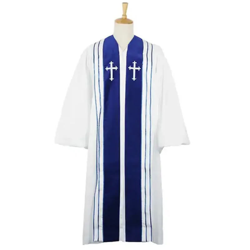 Christianartworkshop Robe de clergé blanche avec croix brodées et empiècements bleus - image 5