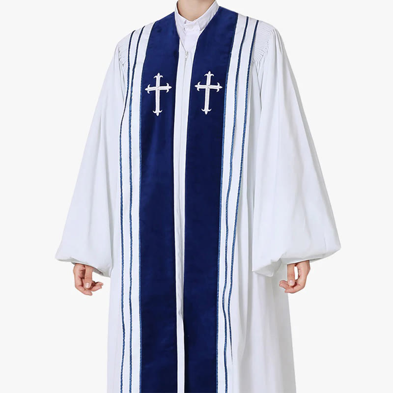 Christianartworkshop Robe de clergé blanche avec croix brodées et empiècements bleus - 3XL - image 3