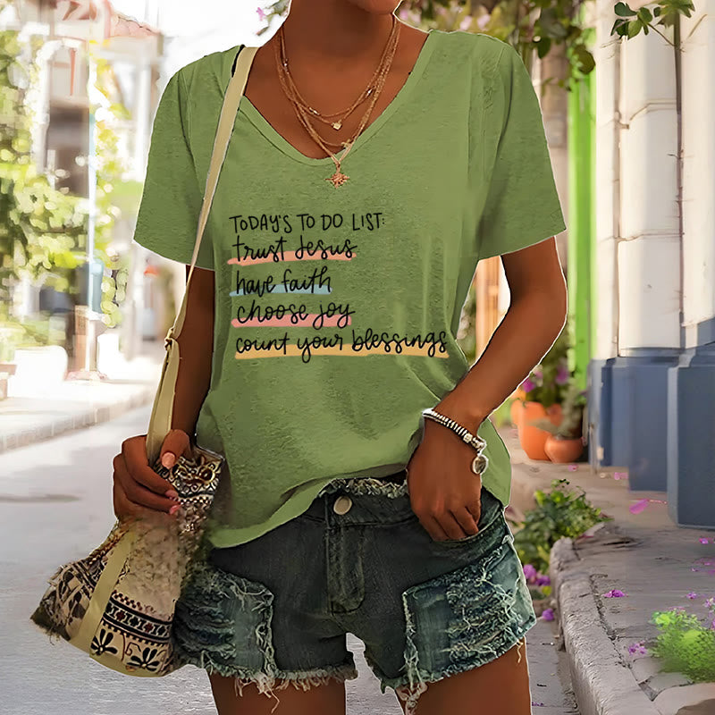 Christianartworkshop Liste de choses à faire aujourd'hui : Faire confiance à Jésus, avoir la foi, choisir la joie T-shirt décontracté à col en V - image 1