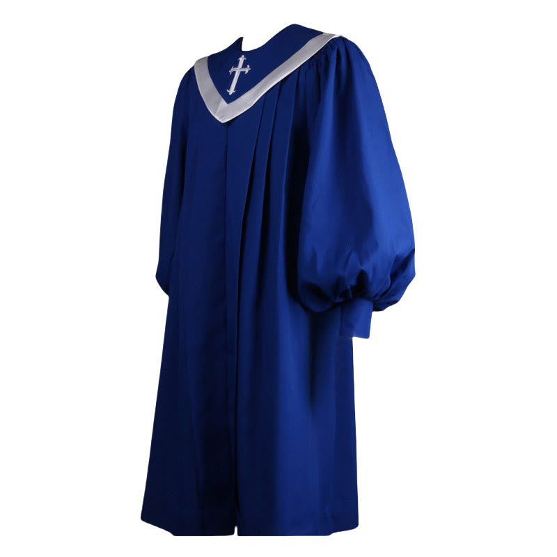 Christianartworkshop Robe de cérémonie bleue élégante pour le clergé, ornée d'un col en V blanc et d'une croix. - image 3