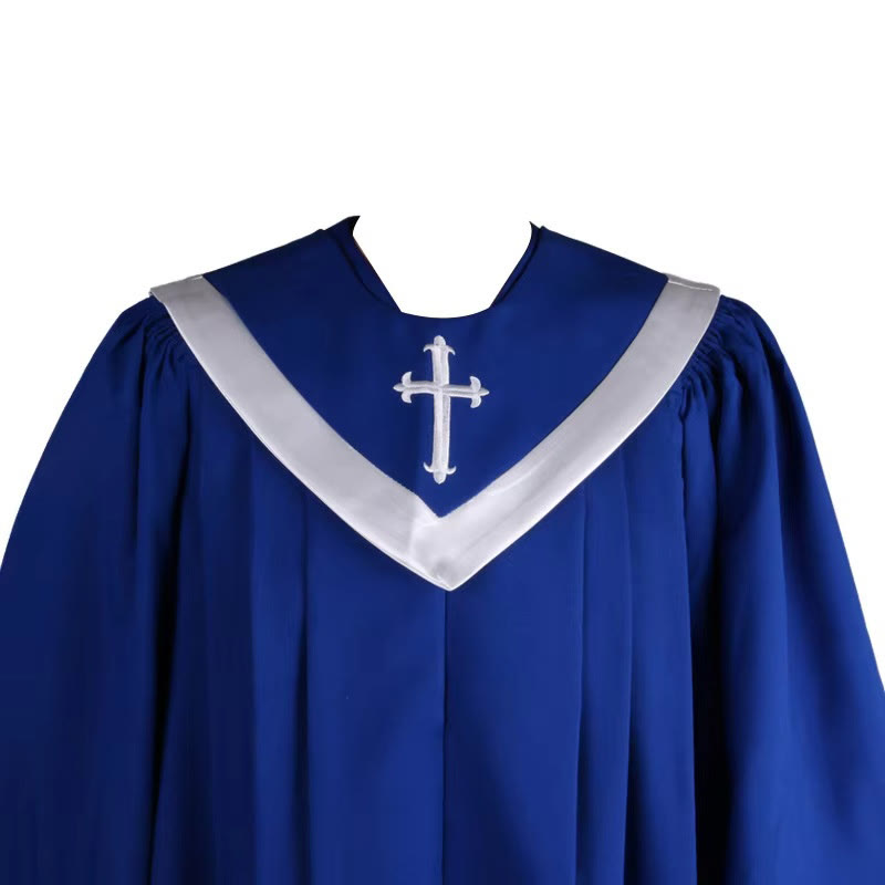 Christianartworkshop Robe de cérémonie bleue élégante pour le clergé, ornée d'un col en V blanc et d'une croix. - image 4