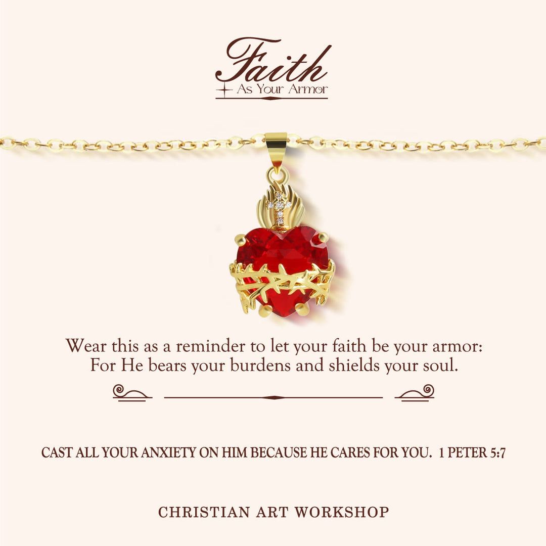 Christianartworkshop LA FOI COMME ARMURE : Collier pendentif Cœur Sacré de Jésus en pierres précieuses rouges - LA FOI COMME ARMURE - image 0