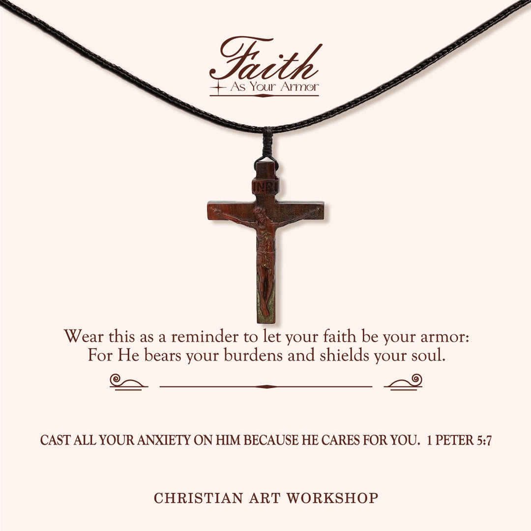 Christianartworkshop LA FOI COMME ARMURE : Collier en bois avec crucifix de Jésus - LA FOI COMME ARMURE - Vin - image 1