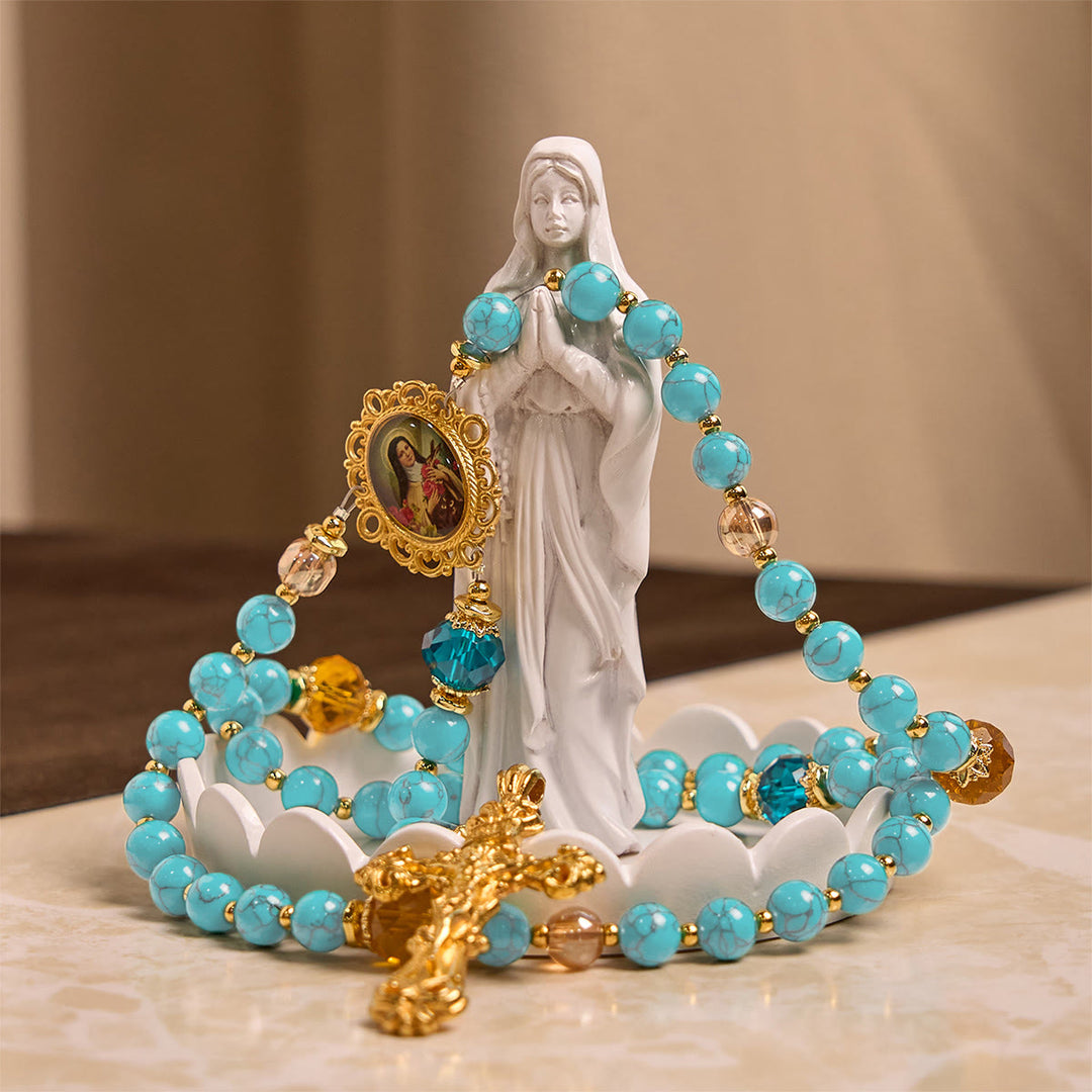 Christianartworkshop Chapelet artisanal en turquoise et alliage d'or avec crucifix et médaille de Sainte Thérèse : un lien spirituel empreint de grâce - image 7