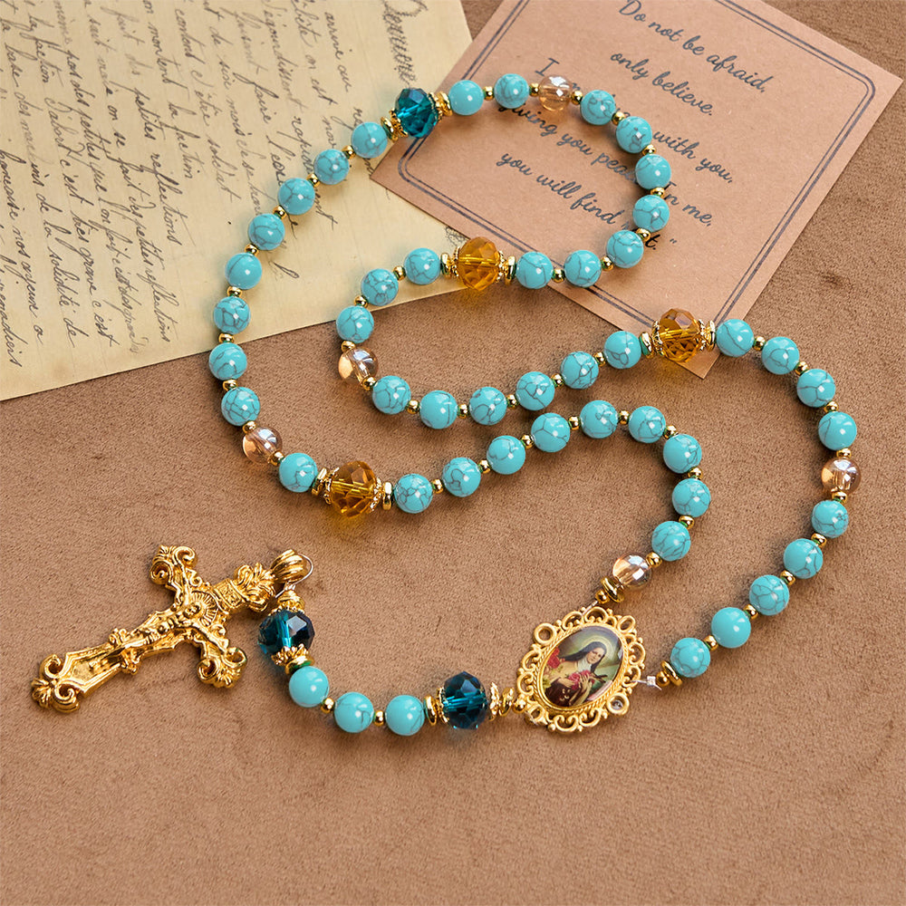 Christianartworkshop Chapelet artisanal en turquoise et alliage d'or avec crucifix et médaille de Sainte Thérèse : un lien spirituel empreint de grâce - image 1