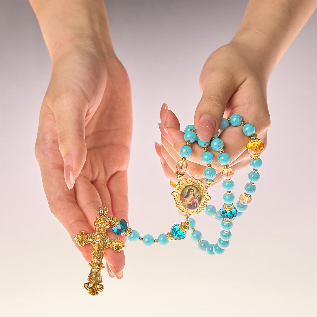 Christianartworkshop FOI PRIÉE : Chapelet artisanal en turquoise et alliage d'or avec carte cadeau - image 10