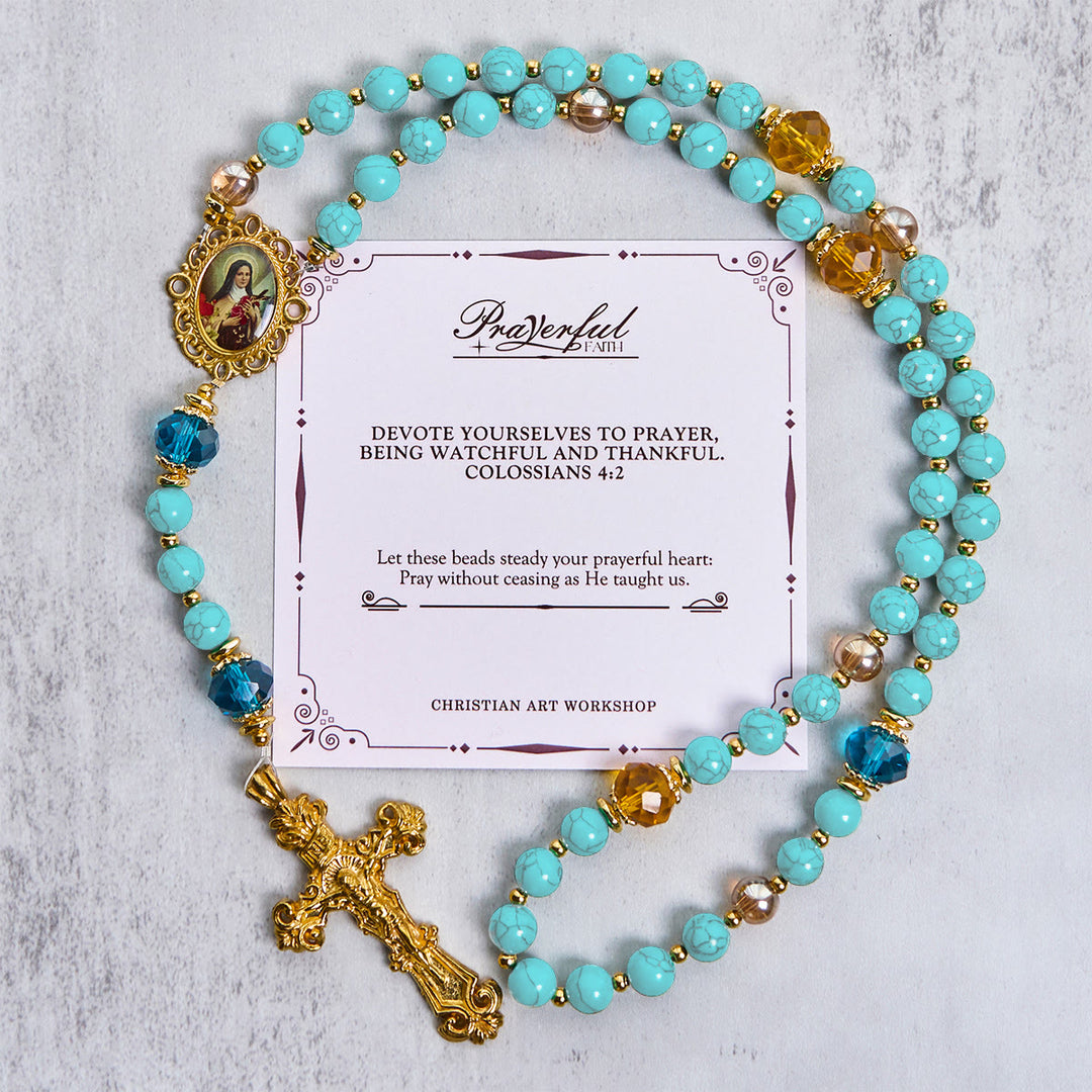 Christianartworkshop FOI PRIÉE : Chapelet artisanal en turquoise et alliage d'or avec carte cadeau - FOI PRIÉE - image 0
