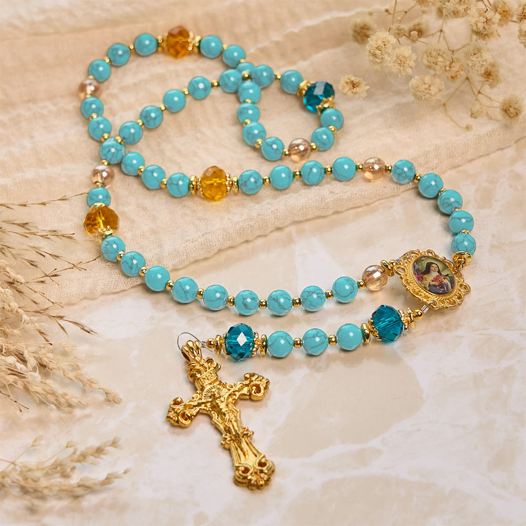 Christianartworkshop FOI PRIÉE : Chapelet artisanal en turquoise et alliage d'or avec carte cadeau - image 5