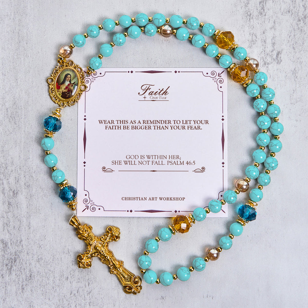 Christianartworkshop FOI PRIÉE : Chapelet artisanal en turquoise et alliage d'or avec carte cadeau - LA FOI PLUTÔT QUE LA PEUR - image 1