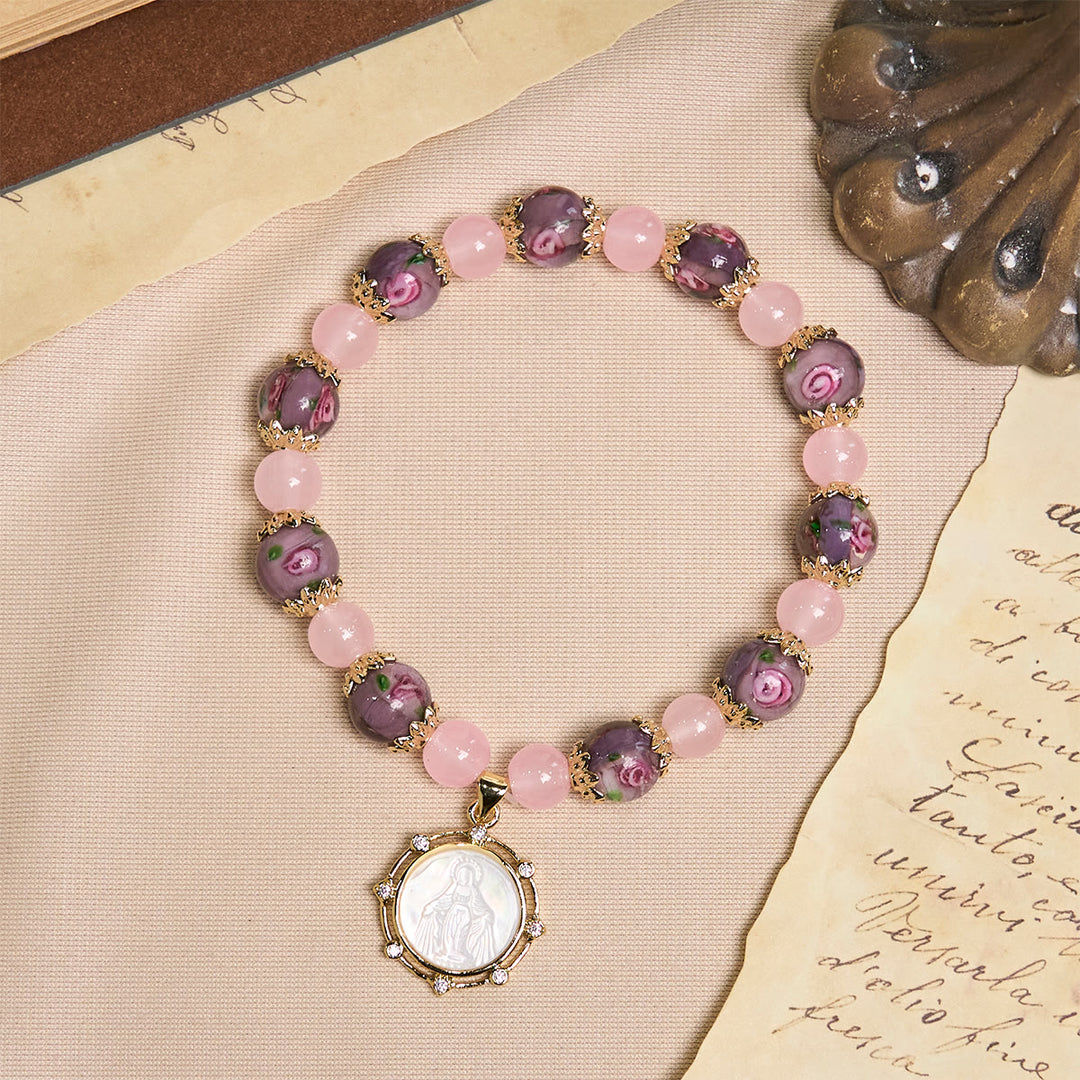 Christianartworkshop Bracelet en quartz rose fait main avec un camée Narce de la Vierge Marie - image 2