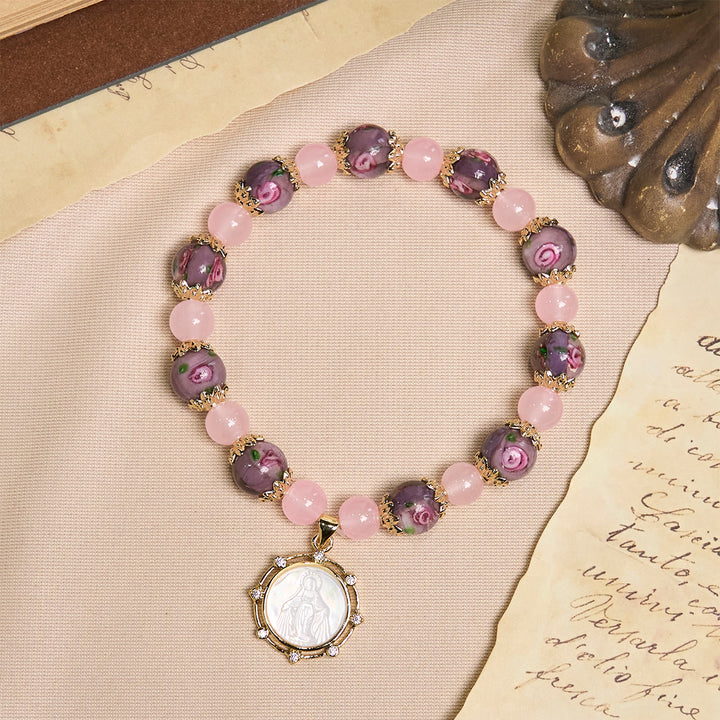 Christianartworkshop Bracelet en quartz rose fait main avec un camée Narce de la Vierge Marie - image 2