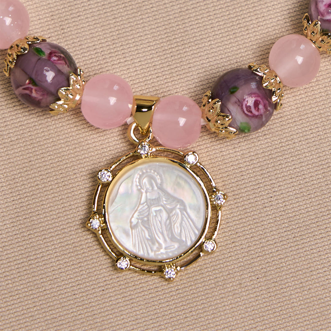 Christianartworkshop Bracelet en quartz rose fait main avec un camée Narce de la Vierge Marie - image 4