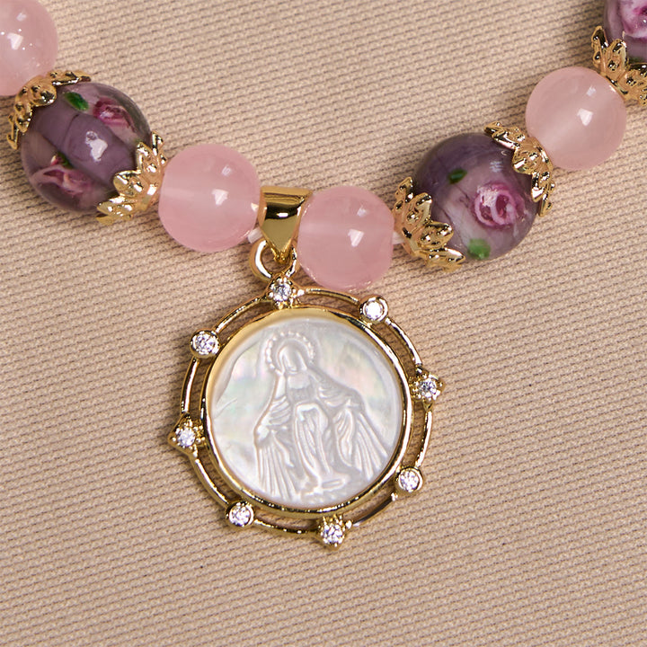 Christianartworkshop Bracelet en quartz rose fait main avec un camée Narce de la Vierge Marie - image 4