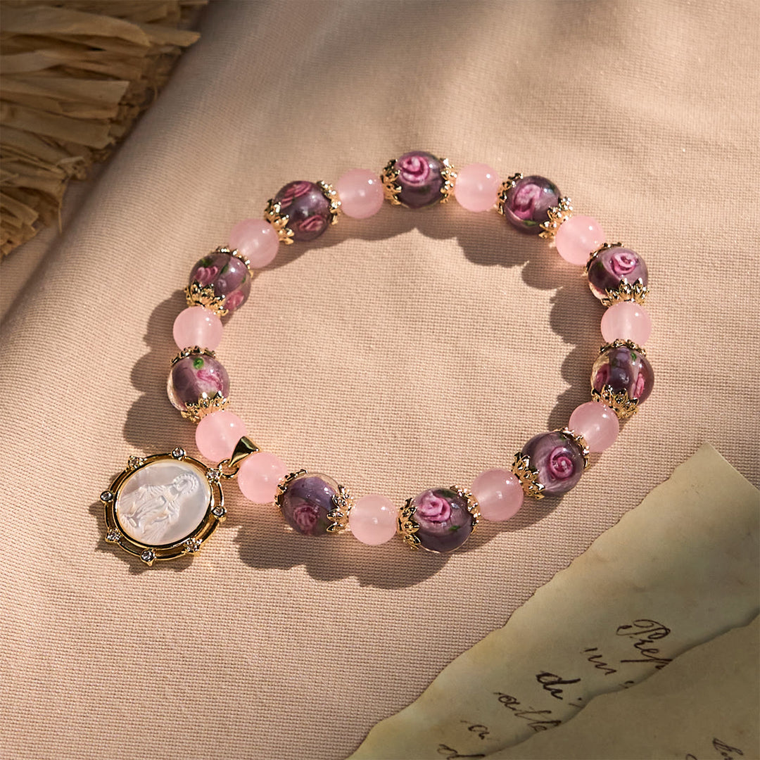 Christianartworkshop Bracelet en quartz rose fait main avec un camée Narce de la Vierge Marie - Quartz rose - image 0