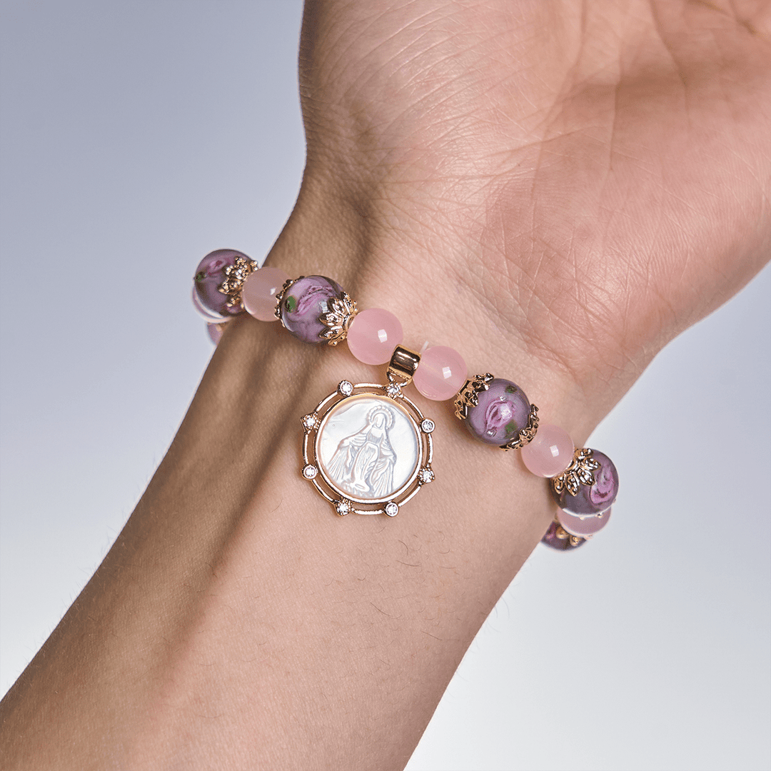 Christianartworkshop Bracelet en quartz rose fait main avec un camée Narce de la Vierge Marie - image 1