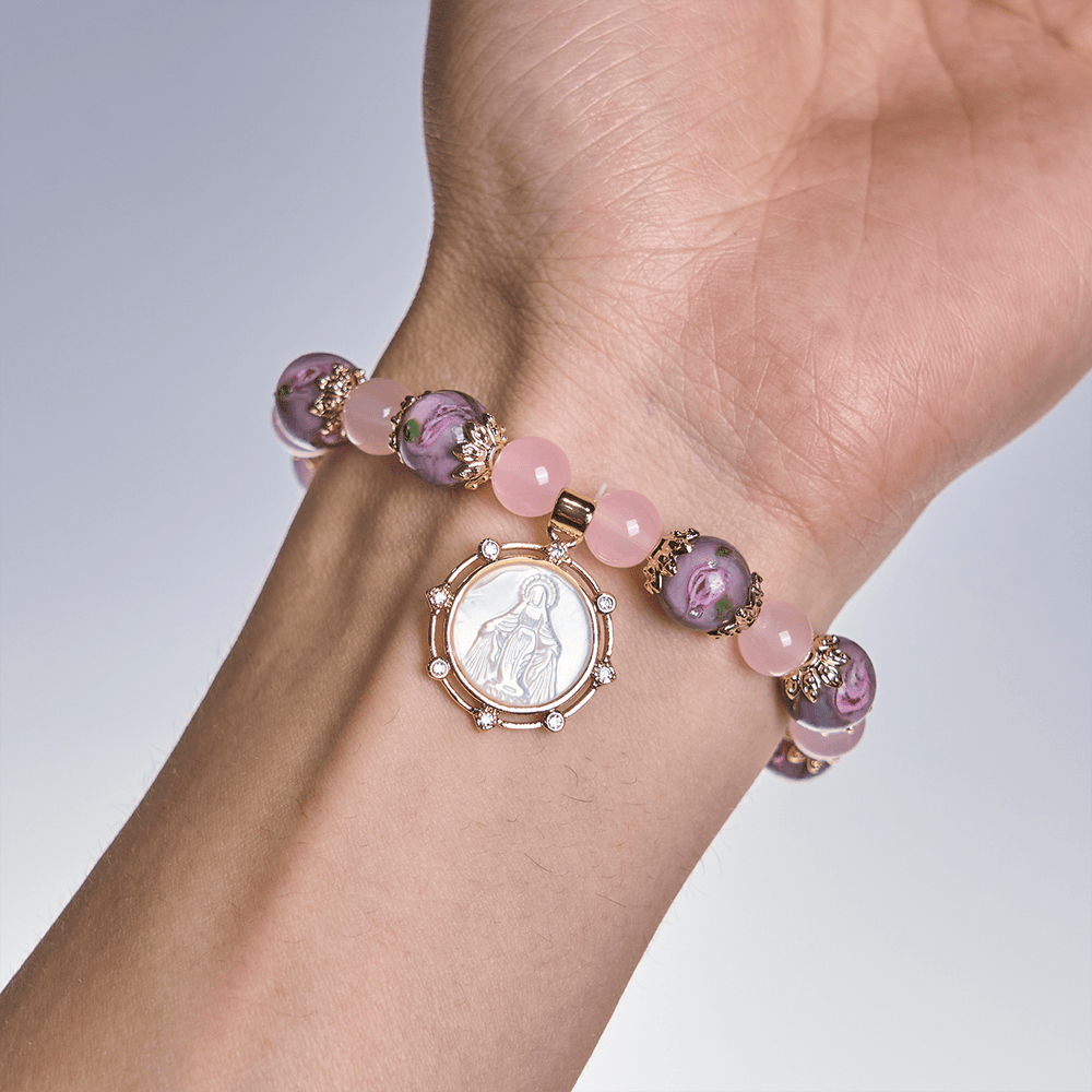 Christianartworkshop Bracelet en quartz rose fait main avec un camée Narce de la Vierge Marie - image 1
