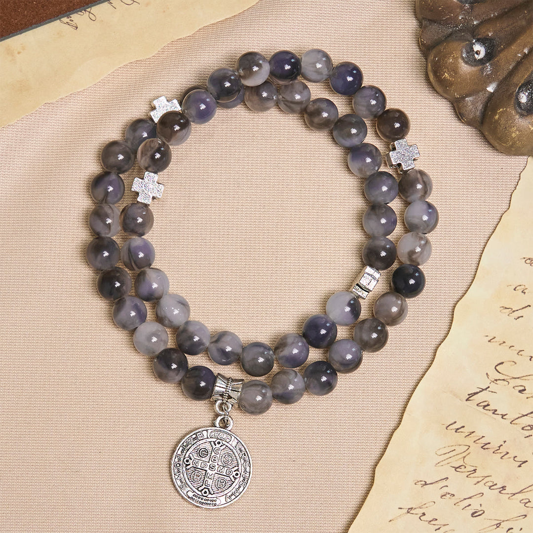 Bracelet chapelet à perles dégradées gris et noir avec saint Benoît : Bouclier de la Foi, Christianartworkshop - image 1