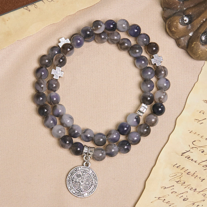 Bracelet chapelet à perles dégradées gris et noir avec saint Benoît : Bouclier de la Foi, Christianartworkshop - image 1
