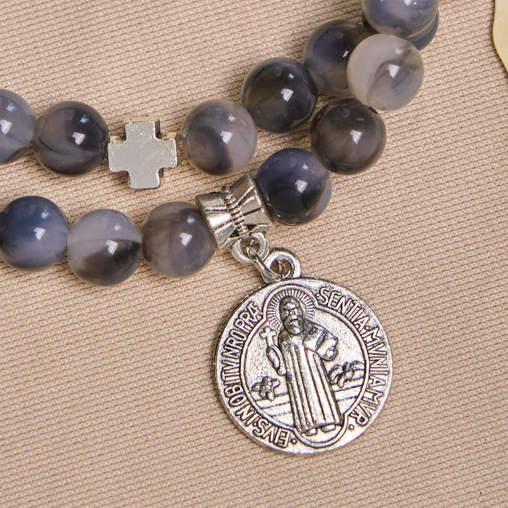 Bracelet chapelet à perles dégradées gris et noir avec saint Benoît : Bouclier de la Foi, Christianartworkshop - image 3
