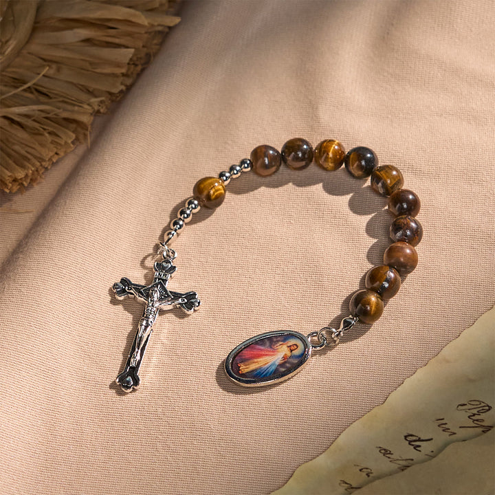 Christianartworkshop Chapelet de poche compact en œil de tigre avec crucifix et Miséricorde divine pour les prières quotidiennes - Miséricorde divine - image 0