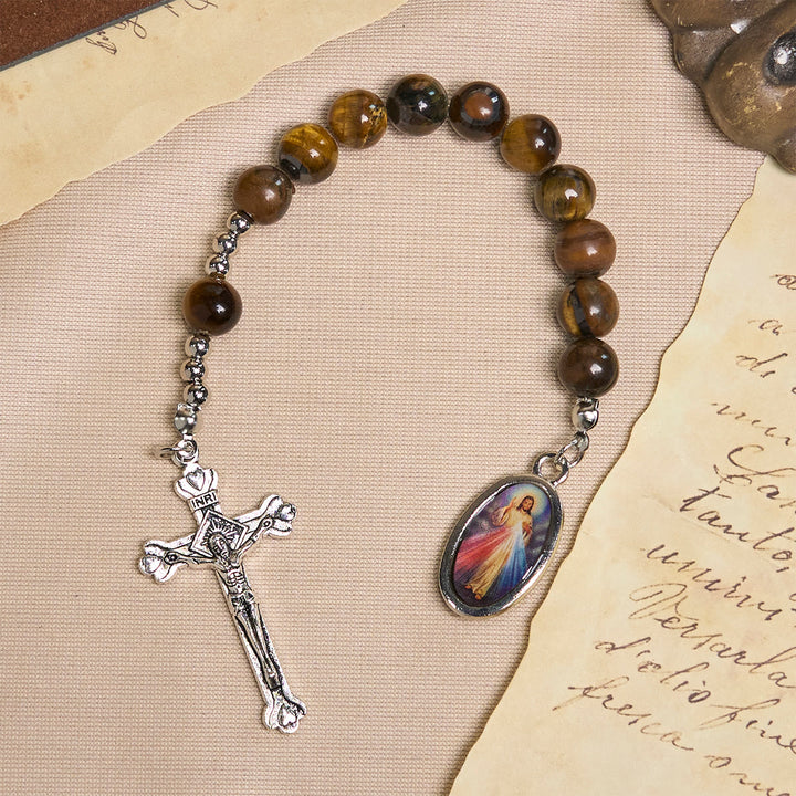 Christianartworkshop Chapelet de poche compact en œil de tigre avec crucifix et Miséricorde divine pour les prières quotidiennes - image 1