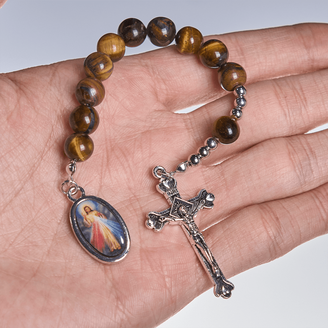 Christianartworkshop Chapelet de poche compact en œil de tigre avec crucifix et Miséricorde divine pour les prières quotidiennes - image 2