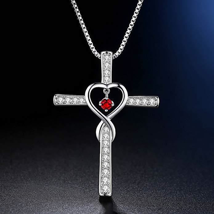 Christianartworkshop Collier croix avec pierre de naissance des 12 mois, motif cœur et accents scintillants - image 1