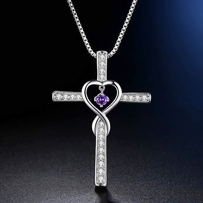Christianartworkshop Collier croix avec pierre de naissance des 12 mois, motif cœur et accents scintillants - Février - image 2