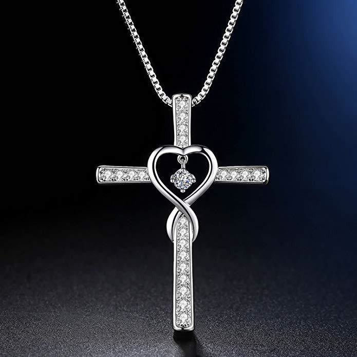 Christianartworkshop Collier croix avec pierre de naissance des 12 mois, motif cœur et accents scintillants - Avril - image 4