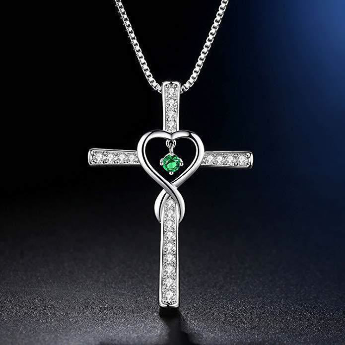 Christianartworkshop Collier croix avec pierre de naissance des 12 mois, motif cœur et accents scintillants - Peut - image 5
